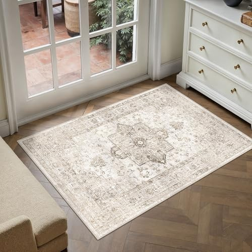 PureCozy Vintage Tapis Entree Interieur 60x90cm Beige D'entrée AntidéRapant Lavable en Machine Carpet Descente de Lit Rug Chambre Bureau Cuisine Petit Poil Ras Carpets