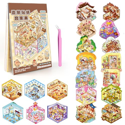 20 Scènes de Maison en Autocollants 3D à Créer, Autocollant Scene, Livre de Collection avec 30 Autocollants PET, 20 Maisons Miniatures et 1 Pincette - Thérapie Anti-Stress pour Adultes et Adolescents