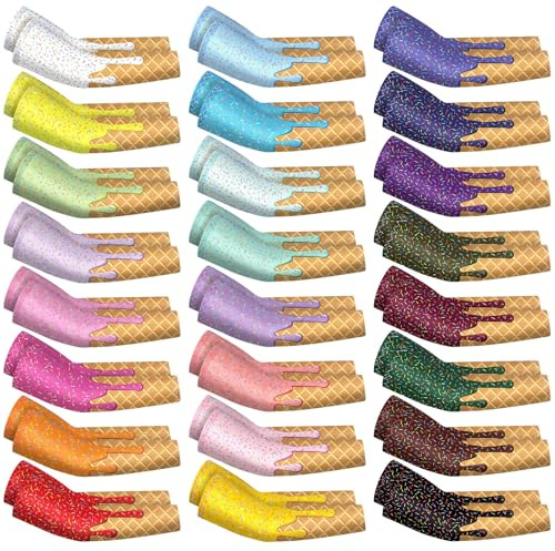 JaGely 24 Pairs Ice Cream Arm Sleeves for Kids UV Sun Protection Football Basketball Baseball Compression Long Sleeves Youth (4-8 Years,Ice Cream)