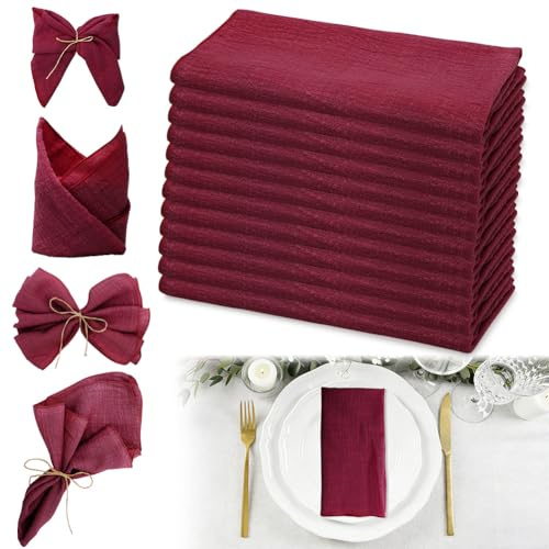 Juego de 12 servilletas de tela de color burdeos, 43 x 43 cm, servilletas de tela de algodón con cuerda de 10 m, servilletas de algodón suave para decoración de mesa, bodas, cenas, cumpleaños