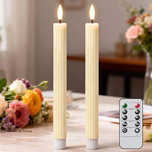Eldnacele LED Taper Candles, Battery Candles with Remote and Timer, 2 Pack | Real Wax, Ivory Ribbed Design, Dimmable, Flameless Flickering Glow, 0.78 x 9.8 in, Christmas and Wedding Decor