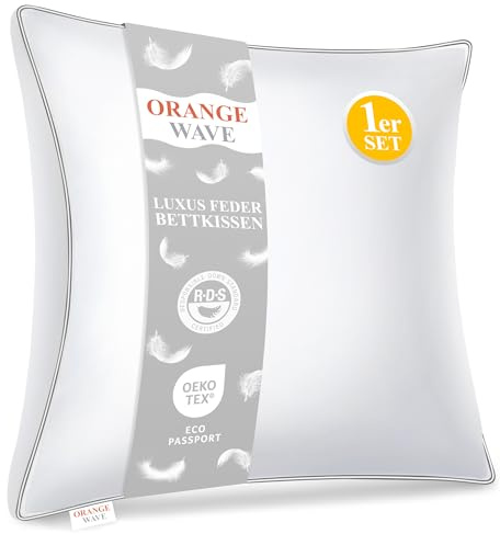 Orange Wave Kopfkissen 80x80 cm Federkissen – 3-Kammer Daunenkissen 80x80, Kissen mit Daunen und Federn, Bettkissen, RDS & ÖKO-TEX, doppelte Kombination aus Weichheit und Stützkraft