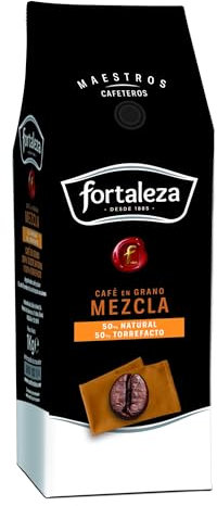 CAFÉ FORTALEZA Café en Grano Mezcla 50/50 con Matices de Vainilla y Caramelizados Formato 1Kg - Café en Grano Sabor Intenso, con Gran Cuerpo y Final Persistente – Variedad Arábica y Robusta