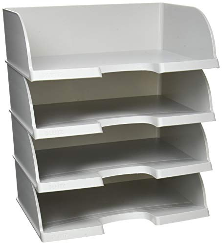 Leitz Briefkorb Querformat A4, 4er Pack, Briefablage mit extra großem Fassungsvermögen in Premium-Qualität, Stapelbare Ablagefächer als Organizer, Kombinierbar mit Plus-Serie, Grau, 52190085