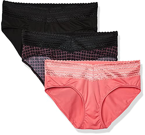 Warner's Blissful Benefits No Muffin 3 Pack Hipster Panties sous-vêtements Hispter, Noir/Rose Flamant Rose/Rose Miami Octogone, L (Lot de 3) Femme