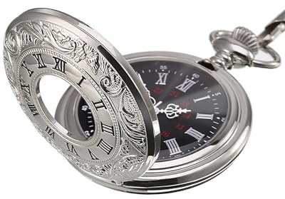 Hicarer Vintage Pocket Watch Steel Men Watch with Chain (Silver)