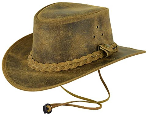 Leatherick Unisex-Cowboyhüte aus echtem Mad-Horse-Leder im West-Aussie-Stil mit Kinnriemen (DE/NL/SE/PL, Alphanumerisch, L, Hellbraun)