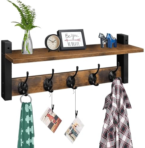 Homode Wall-Mounted Coat Rack with Shelf and 5 Metal Hooks for Clothes, Hats, Towels, Purses, Robes - Rustic Brown Black Wood for Entryway, Bathroom, Mudroom, Bedroom
