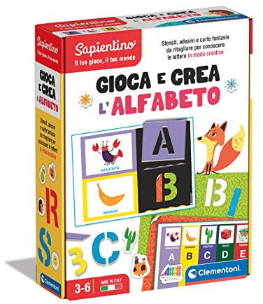 Clementoni Sapientino - Gioca e Crea l'Alfabeto, Gioco Educativo per Bambini 3-6 Anni, Stencil e Lettere Puzzle da Comporre per Imparare l'Alfabeto, Made in Italy, Lingua Italiana, 16726