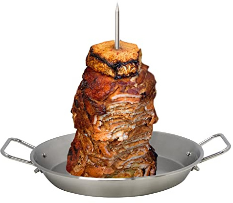 DOLAMOTY BBQ Vertical Skewer Pan Gyro Spit Stand for oven, Al Pastor Shawarma Skewer for Grill, El Pastor Hack for Tacos Al Pastor Chicken, Brazilian, Stainless Steel, with 8,10 and 12 stick