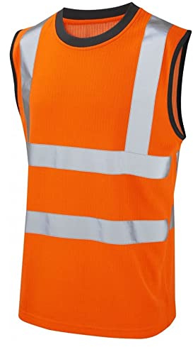 Hi Vis Viz Work Utility Sleeveless Round Neck T-Shirt Warning Vest | High Visibility Safety Security Workwear Double Tape Tank Top (as8, alpha, l, regular, regular, Standard, Orange, L)