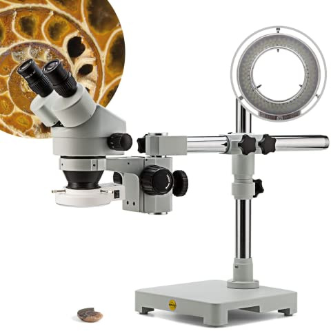 SWIFT S7-B520-144 3.5X-90X Binocular Stereo Dissecting Microscope, WF10X Eyepieces, 0.7X-4.5X Objective Power, 0.5X 2.0X Additional Objective Lenses, 144-Bulb LED Ring Light, Single-Arm Boom Stand
