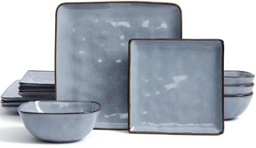 Famiware Dinnerware Sets for 4, Ocean Square 12-Piece Kitchen Plates and Bowls Sets, Reactive Glaze, Microwave and Dishwasher Safe, Scratch Resistant, Blue