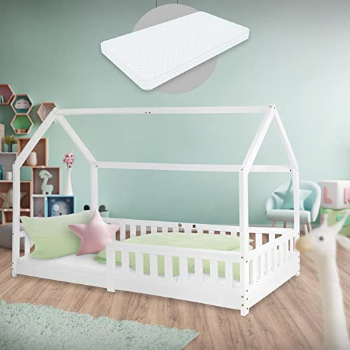ML-Design barnsäng 90x200 cm vit med madrass H:16 cm, fallskydd, tak, spjälram, lekbädd i massivt trä, husbädd för flickor och pojkar, sänghus i furuträ, ungdomssäng barnhus träbädd