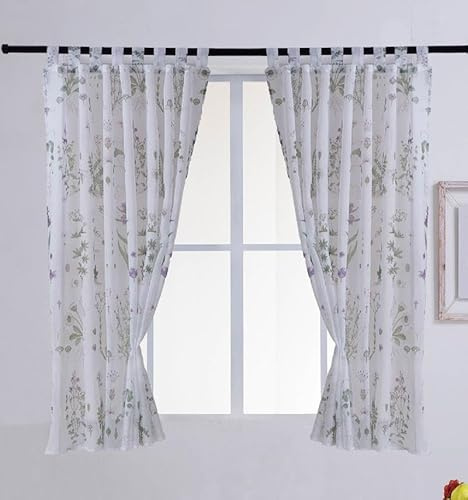 Viste tu hogar Cortina Cocina 140x180cm Blanca Traslúcida con Bordados para Ventana Corta, Visillos 100% Poliéster Cortos Translúcida para Ventanas y Marco de Puerta - Flor Verde