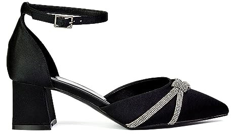 Womens Wedding Shoes Block Low Heel Ladies Ankle Strap Pointed Toe Sparkly Diamante Trim Black Bridal Evening Party Court Shoes 4