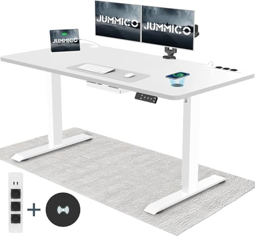 JUMMICO Höhenverstellbarer Schreibtisch mit Kabelloser Ladestation und Euro-Steckdose mit USB, Schreibtisch Höhenverstellbar Elektrisch Stehtisch, Standing Desk (Weiß 140x70cm)