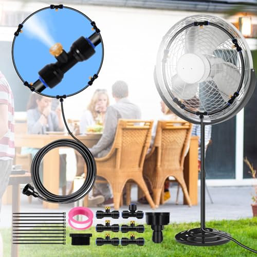 ENCOUN Système de Brumisation, 6M Brumisateur Extérieur, Système de Brumisation Extérieur Fan, Brumisateur Terrasse avec 6 Buse Brumisateur, Système de Brumisateur Extérieur pour Jardin,Serre,Piscine