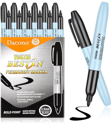 Dacono Penne per Marcatori Permanenti, 12 Pennarelli Punta Grossa 2,5 mm, Punta Tonda Resistente, Segni Permanenti Neri per Legno, Roccia, Plastica, Pelle, Vetro, Pietra, Metallo