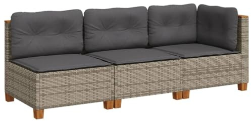 vidaXL Gartensofa 3-Sitzer, Gartensessel mit Kissen, Modular Loungesofa für Garten Terrasse, Sofa Garnitur Gartenmöbel, Grau Poly Rattan