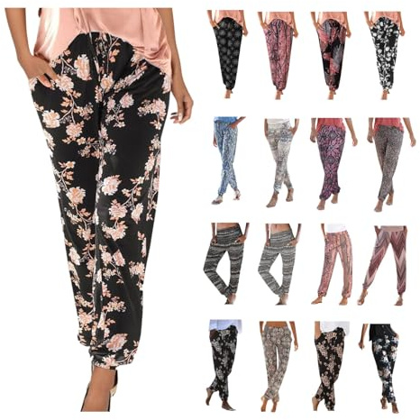 Summer Boho Trousers for Women UK, 2024 Beach Drawstring Elasticated Waist Lounge Pants, Vintage Floral Print Linen Baggy Harem Hippie With Pockets (Black, L)