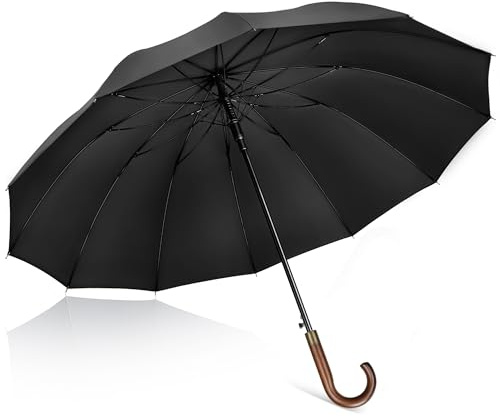 ZOMAKE Großer Regenschirm 55 inch,12 Rippen Golfschirm Groß Stabil mit Holzgriff Metallring,Travel Schirm XXL Groß mit Auf-Zu-Automatik für Herren Damen(Schwarz-A)