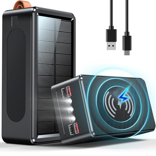 Power Bank Solare 90000mAh: 35W PD 3.0 A USB C Powerbank Ricarica Rapida con 7 Port (4 USB & 2 Type-c), 15W Ricarica Wireless, Spie luminose a LED, Torcia, Caricatore Portatile con Smartphones