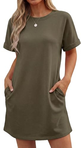 GRECERELLE Womens Summer Mini Dress Cap Sleeve Crew Neck T Shirt Short Casual Beach A Line Dresses with Pockets