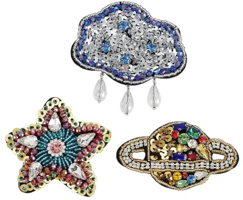FINGERINSPIRE 3 Stück Strass Pailletten Aufnäher 3 Stile Perlen Applikation Pailletten Planeten Nähapplikation Pailletten Stern Aufnäher Strass Wolken Applikation Röhrenperlen Aufnäher Für Kleidung