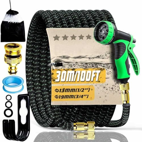 Garden Hose 100FT 30M, Durable 3-Layer Latex Water Hose with 3/4 inch and 1/2 inch Connectors, Kink-Free and Leak-Proof, 10-Function Spray Nozzle for Garden Watering, Car Washing and Cleaning