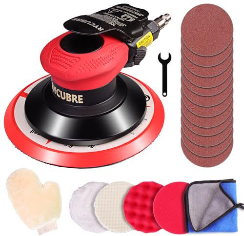 Rycubre pneumatic Air Sander 5/6 Inch DA Palm Sander for auto body, High Speed Random Orbital Sander for Woodworking & Auto Polishing (6 Inch)