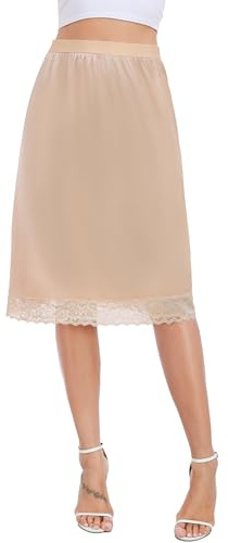 Lovasy Jupon Femme Longue Satin Jupon sous Robe en Dentelle Fond de Jupe sous-Vêtements Invisible et Antistatique Demi-Jupe Taille Élastique pour Robe Transparente,A-Beige,XL