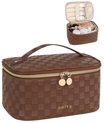 Prite Large Makeup Bag for Women Travel Cosmetic Case Waterproof PU Leather Toiletry Bag Portable Make Up Organiser with Handle and Removable Divider (Brown Checkerboard)