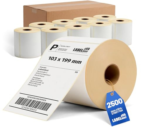 Labelident Versandetiketten (103 x 199 mm) - 2.500 Thermoetiketten auf 10 Rolle/n 25 mm Kern | Selbstklebende Thermodirekt-Labels mit Trägerperforation für DHL, DPD, Fedex, GLS, Hermes, UPS