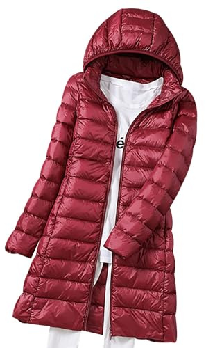 Chaqueta de plumón ligera y empaquetable para mujer, abrigo largo de gran tamaño con capucha, parka acolchada impermeable, ropa de abrigo de invierno cálida con relleno de plumas, rojo vino, XXL