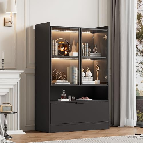 BNUZ Vitrina de 80 x 120 cm, moderna vitrina de cristal, color negro, con puertas de cristal y puerta abatible, armario de madera aglomerada