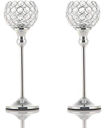 VINCIGANT 2 Pcs Silver Candle Holders, Crystal Candlestick Holders, Tea Light Holder Ornaments for Living Room, Wedding Table Decoration, 13/33cm Tall - Gift Box Package