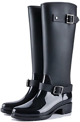 TQGOLD Bottes de Pluie Femme en Caoutchouc Talon Imperméable Zip Hautes Wellington Boots(Noir,Taille37)