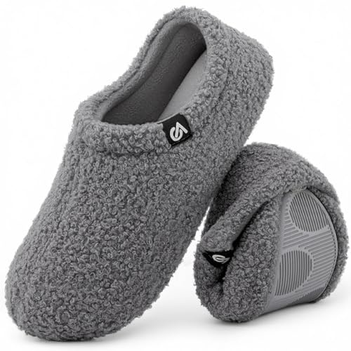 VeraCosy Ladies' Fuzzy Curly Fur Memory Foam Slippers Anti-Slip Lightweight Breathable House Shoes , Grey, 5/6 UK
