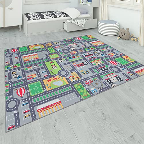 Paco Home Tapis De Jeu Chambre Enfant Gris Routes Filles Garçons, Dimension:120x160 cm, Couleur:Gris 3