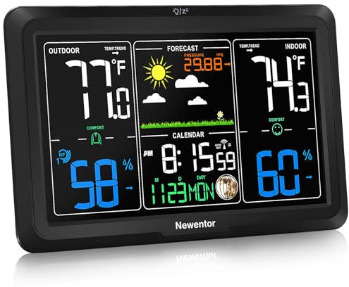 Newentor Weather Station Wireless Indoor Outdoor, Indoor Outdoor Thermometer Wireless, 7.5 Home Weather Stations with Atomic Clock, Temperature Humidity Gauge, Weather Forecast and Barometer, Black