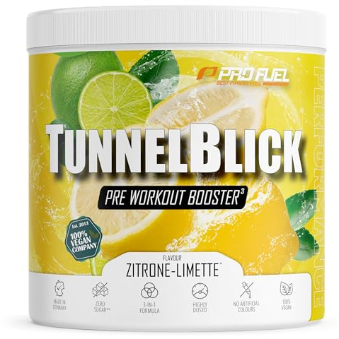 Pre-Workout-Booster³ ZITRONE-LIMETTE 440g - unglaublich lecker - TUNNELBLICK Trainingsbooster³ mit Citrullin, Arginin, Taurin, Koffein, Guarana und Magnesium - optimal hochdosiert - 100% vegan