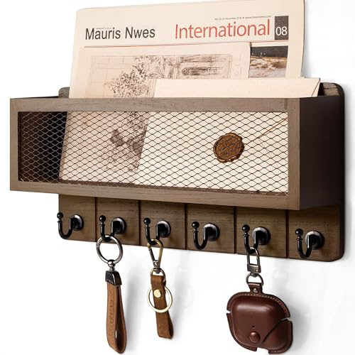 Rebee Vision Farmhouse Key Holder for Wall with Mail Storage Basket : Decorative Wall Mount Organizer with 6 Sturdy Wall Hooks and Wooden Key Rack - Rustic Home Decor (Retro Brown)