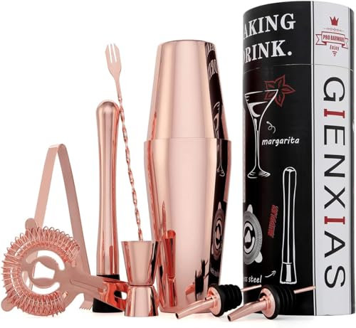 Set shaker per cocktail Boston, 9 pezzi, set shaker per cocktail con colino, beccuccio, bastoncino da cocktail, pestello, cucchiaio per miscelazione.er miscelazione. (oro rosa)
