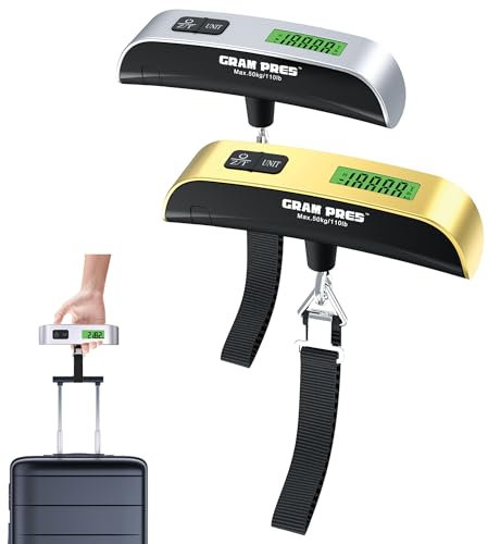 GRAM PRES Gepäckwaage 2PCS, Travel Essentials, Portable Digital Postal Hanging Baggage Scale für Reisen, Kofferwaage mit Gummibeschichtung, 110lb/50kg, Temperatursensor, inkl. Batterie