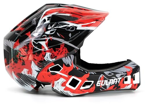 EULANT Fahrradhelm mit Kinnschutz für Kinder und Jugendliche,Jungen Integralhelm für MTB BMX Downhill Cross, EIN-Knopf-Entfernen Kinnschutz & Hinterer Einsteller,Kopfgröße 52-56cm (5-10 Jahre)