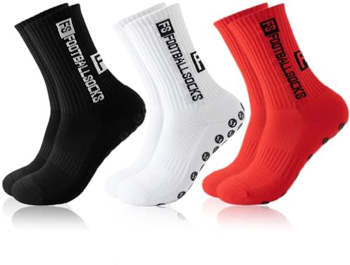 Wydexint Chaussette Antidérapante Sport, Chaussettes De Football Respirant,Grip Socks, Chaussettes Unisexes De Football (FR/ES, Alpha/lettres, M, Taille normale, Taille normale, 3, noir blanc rouge)
