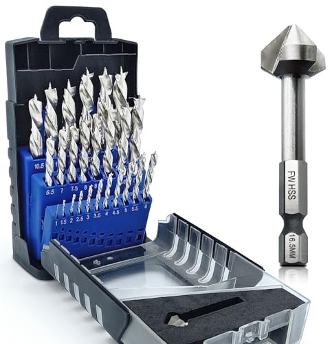 Falkenwald Holzbohrer Set 1-13mm + Kegelsenker 26tlg. - HSS-G Bohrerset für präzise und saubere Bohrungen - Bohrer Set Holz - Bohraufsätze