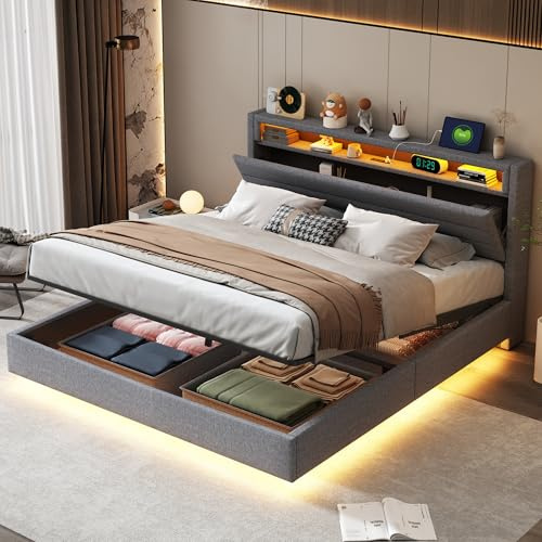 Letto Matrimoniale con Contenitore 160x200 cm con LED e USB, Letto una piazza e mezza con Vano Portaoggetti e Testiera Reversibile, Letto Contenitore con rete a doghe, Struttura Letto Matrimoniale