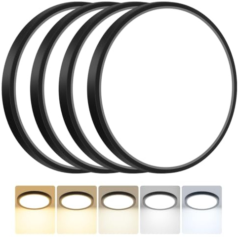 Peasur 4Pack Bathroom Light, 3000K/3500K/4000K/5000K/6500K 5 Color Temperature LED Ceiling Light, 15W 1500LM,Waterproof, Round, Small, Modern, Flush Ceiling Light for Bathroom, Kitchen, Bedroom, Black